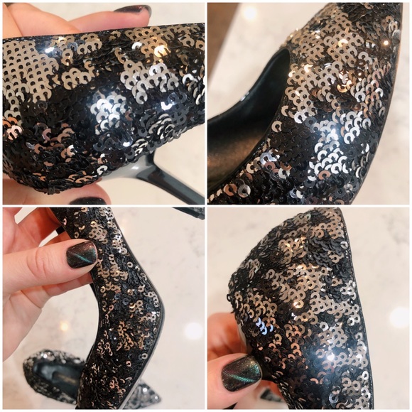 LOUIS VUITTON Liza Sequin Black & Silver Pointy Toe Pumps Noir SZ 37 - Picture 16 of 17